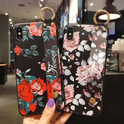 Wrist Strap Holder Phone Case For iPhone 11 Pro Max XR XS X 7 8 6S Plus Soft TPU Chinese Retro Classic Colore Flower Cover Funda