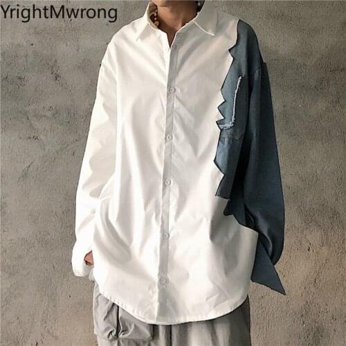 Japanese Streetwear Fashion Men Hip Hop Patchwork Contrast Denim Jeans Sleeve Blouse Button Top Shirt Korean Woman Blusas Outfit