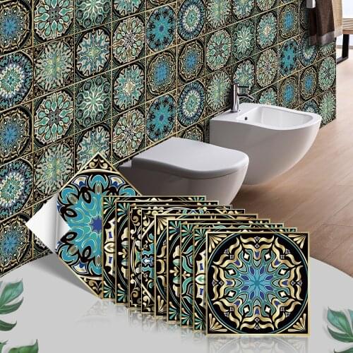 Self-adhesive Tiles Bathroom Wall Stickers Thicker Colorful Retro Mandala Pattern Waterproof Vinly Art Mural PVC Kitchen Decor