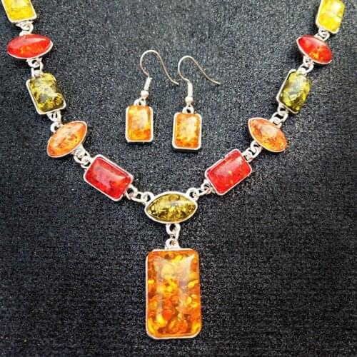 Nature Resin Earrings Water Drop Orange Pendant Silver Plated Chain for Women Wedding Jewelry Set