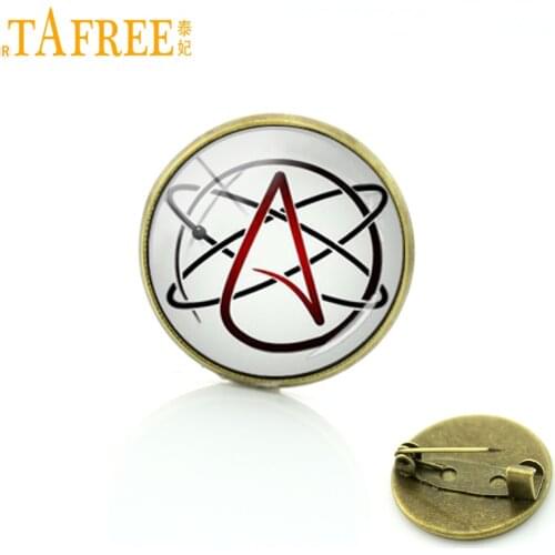 TAFREE Atheist symbol metal pin steampunk wearable art atheism movement badge Triquetra Alchemist logo men women brooches T523