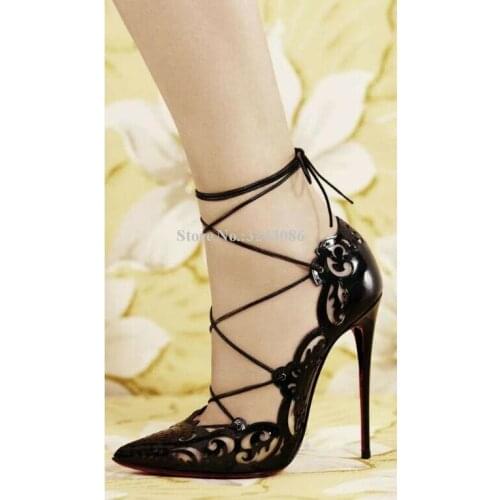 Sexy Hollow Out Cross-tied Woman Pumps Shoes Lady New Lace-up Stiletto Heel Sandals Shoes Blue Yellow Pink Gold Single Shoes