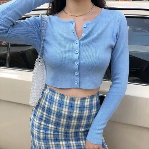 Slim Girls' Solid Knitted Cotton Cardigans Short Sexy O Neck Sweaters Za Fashion 2021 Long Sleeve Chic Sweet Mujer Tops