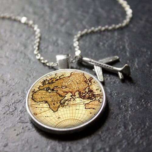 XUSHUI XJ Vintage World Map Necklace Travel Explore Discover Glass Dome Cabachon Plane Charm Pendant Necklace Men Women Gifts