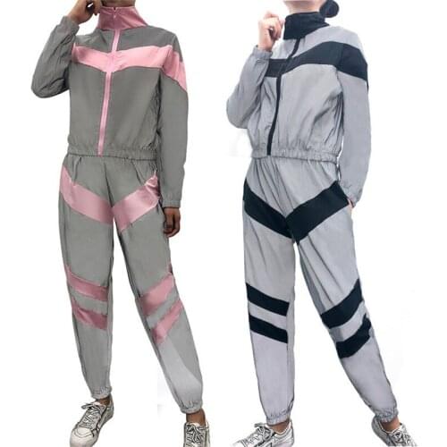 Yvlvo Women Reflective Gym Tracksuit Splicing Long Sleeve Zipper Running Fitness Top Pants 2 Piece Outfits Sports Jogging Sets