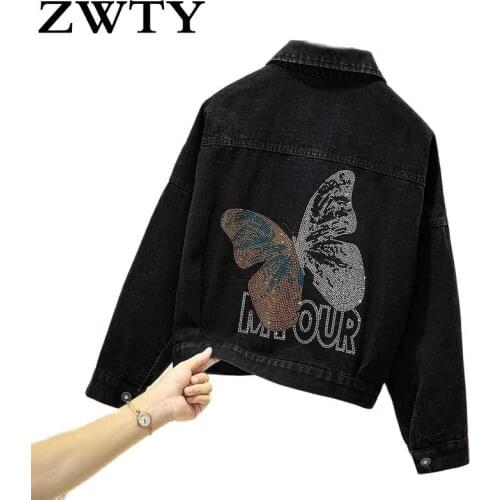 ZWTY Women Denim Jacket Black Fashion Streetwear Stylish butterfly appliqué denim jacket Style Style Jeans Female Coat