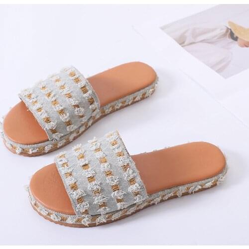 Women Denim Canvas Slippers Female Summer Beach Slides Ladies Casual Comfortable Flats Woman Shoes Big Size Footwear