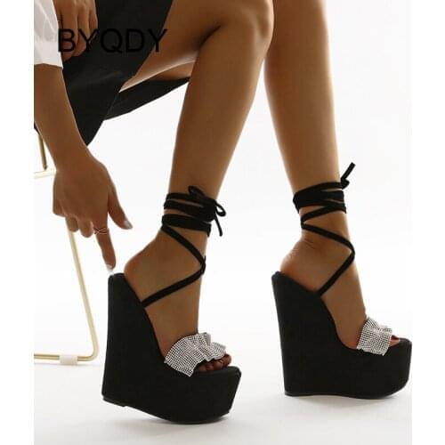 BYQDY 2021 Summer News Cross-Strap Women Sandals High Heeled Wedges Female Shoes Rhineestone Platform Ladies Sandals Open Toe