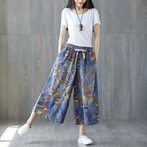 Women Elastic Waist Thin Denim Printed Wide leg Pants Ladies Vintage Holes Print National Style Wide Leg Trousers Female Jeans