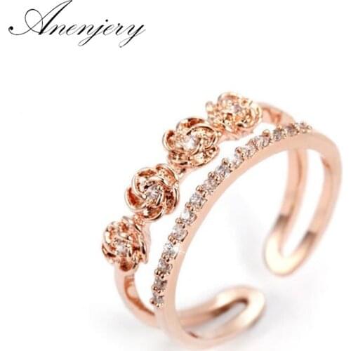 ANENJERY 925 Sterling Silver Rings For Women Double Layer Mosaic CZ Zircon Rose Flower Resizable Rings bague femme S-R221