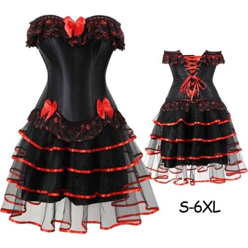 Women Sexy Bow Party Burlesque Dancer Plus Size Bustier Corset Dress Witch Halloween Corselet Mini skirt Gothic With Skirts