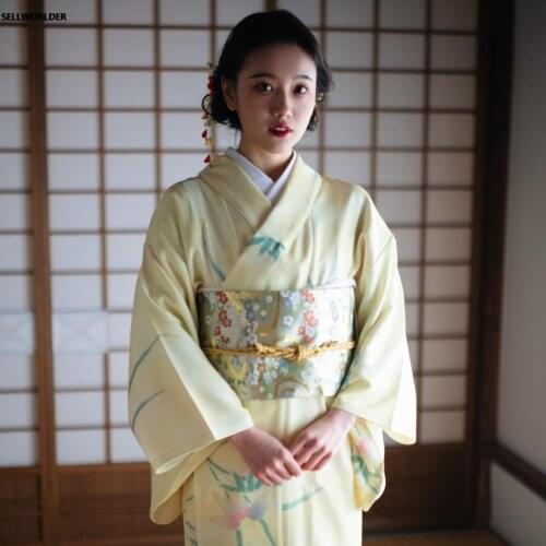 2021 SELLWORLDER retro Japanese Kimono Style yukata Girl yellow dress Woman flower print Long Dress with handbag