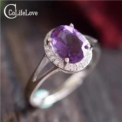Classic Natural Amethyst Ring 7mm * 9mm Oval Cut Amethyst 1.2 Ct Natural Amethyst Pure 925 Sterling Silver Woman Gemstone Ring