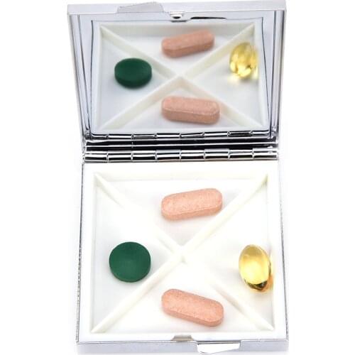 2020 1Pc 4 Grid Silver Color Medicine Holder Pill Storage Box Metal Square Moistureproof