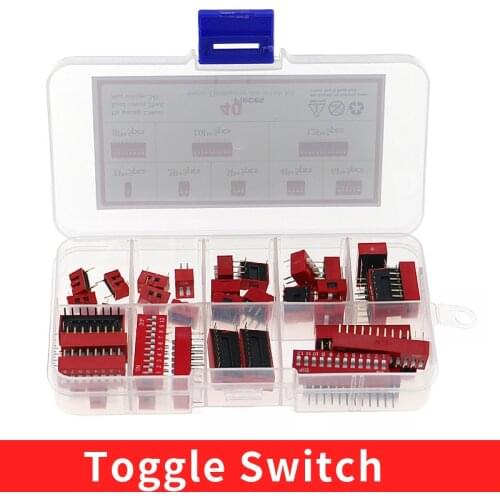40pcs/lot Dip Switch Kit In Box 1 2 3 4 6 8 10 12 Way 2.54mm Toggle Switch Red Snap Switches Mixed Kit Each 5pcs Combination Set