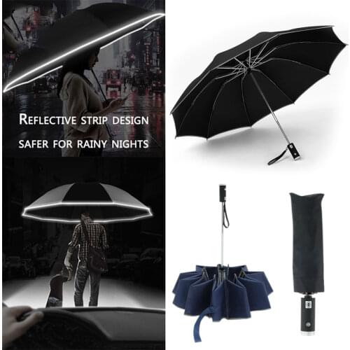105cm Automatic Umbrella With LED Flashlight Windproof Portable Reflective Stripe Umbrella 3 Folding Inverted 10 Ribs Umbrellas