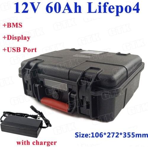 Power 12v 60ah lifepo4 battery pack built in bms with waterproof ABS case for backup power Xenon light boat inverter+5A charger