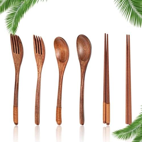 Home Decor Deskware Wooden Chopsticks Spoon Fork Kitchen Tableware Flatware Handcrafted Natural Wood Dinnerware Kitchen Utensils