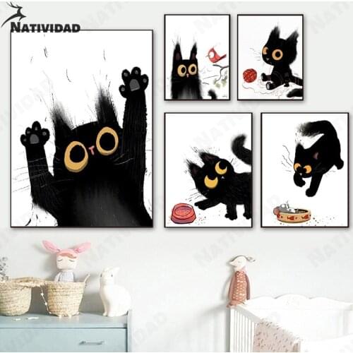 Cartoon Naughty Cat Canvas Painting Wall Decoration Smart Black Cat Animal Poster Living Room Home Aesthetic Decoration