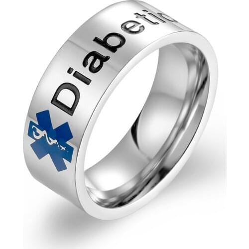 New Mens Ring Medical Alert ID Rings Finger Diabetic Asthma Emergency Stainless Steel 8MM Width Silver Color Jewelry