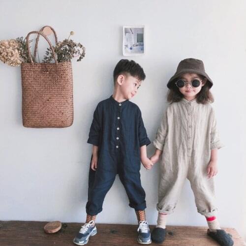 Spring Unisex Kids Overalls Cotton Linen Loose Trousers Korean Style Baby Boys Girls Jumpsuits Children Clothes