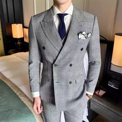 Costume Homme Mariage Tailor-Made Men Suits Houndstooth Double Breasted Tuxedos Peaked Lapel Blazer Business Coat+Vest+Pants