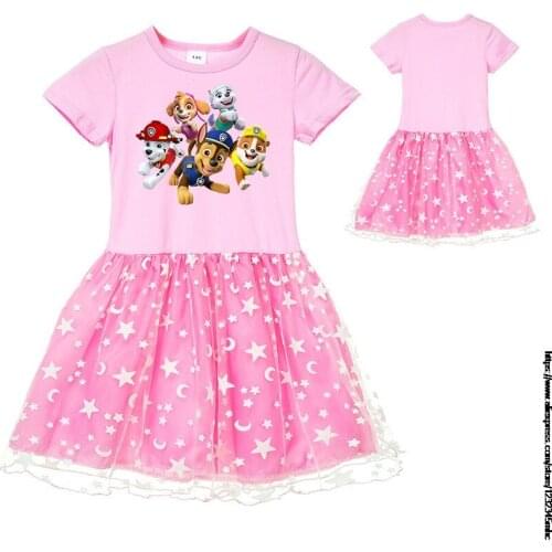 PAW PATROL Clothes Puppy Patrol Costume Girls Skirt Anime Cartoon Canine Sky Figure Printing Summer Cotton Short-Sleeved Dress