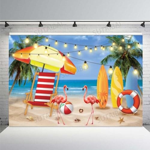 Summer Seascape Beach Coconut Tree Flamingo Backdrop Hawaii Holiday Party Decoration Photography Studio Photo Background Poster