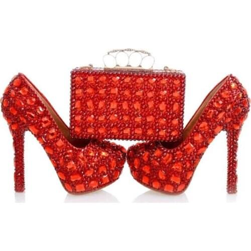 LoveinCrystal Bride Party Dress Shoes With Bag High Heels Colorful Shining Crystal Wedding Shoes Women Plus Size Rhinestone