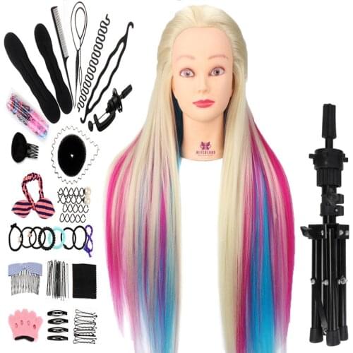 29Inch Synthetic Hair Mannequin Head For Hairstyles Hairdressing Training Head Dummy Doll Clamp Accessories With Tripod Stand