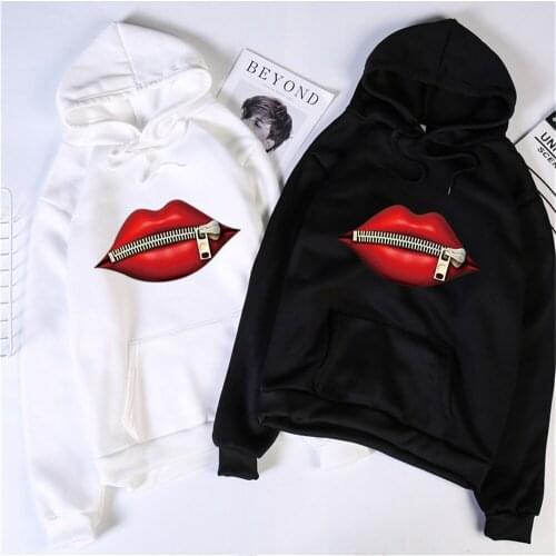 Fashion Womens Casual Red Lip Sweatshirts Long Sleeve Hooded 2020 Vintage Creativity zipper Lips Pullovers Warm Hoodies Women