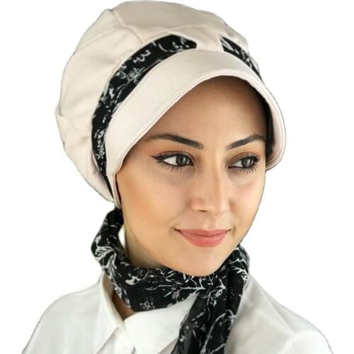 Islamic Fashion Muslim Women Hijab 2021 Trend Single Size Bathing Cap Beret Ready Shawl Scarf Buckle Hat Cream Color Biritli Scarf hat