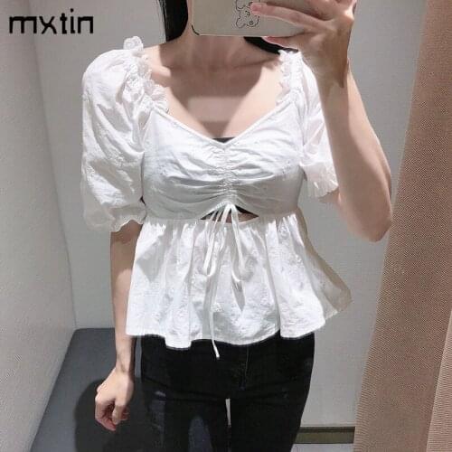 MXTIN 2021 Women Summer Fashion White Ruffles Cropped Cotton Blouses Vintage V-Neck lantern Sleeve Female Shirts Blusas Chic Top
