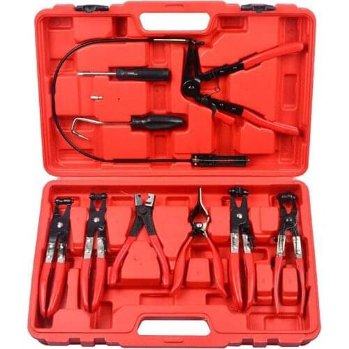 9PC Hose Clamp Clip Plier Set Swivel Jaw Automotive Tool Flat Angled Band Incl. Carrying Case