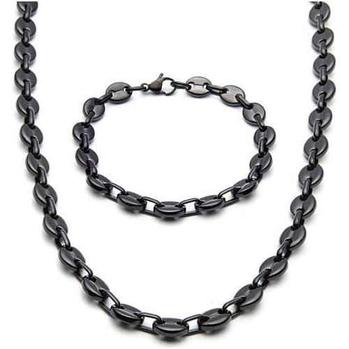 One Set Jewlery Fashion Gifts men/womens Black stainless steel coffee bean Link Chain necklace + bracelet set