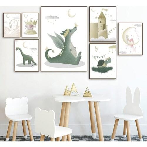 Dinosaur Tortoise Mermaid Swan Moon Stars Cloud Wall Art Canvas Painting Nordic Posters And Prints Wall Pictures Kids Room Decor