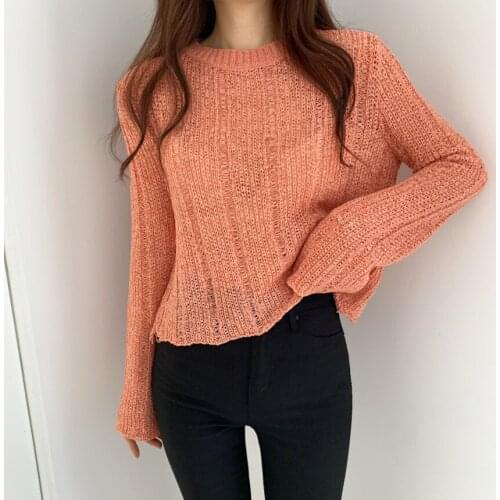 2021 New Autumn Knitted Sweater Candy Color Hollow Out Sexy Pullover Loose Air Conditioning Sunscreen Knit Crop Tops