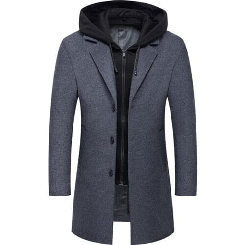 New Winter Wool Coat Men Fashion Hooded Long Trench Coat Business Casual Men Woolen Overcoats Single Breasted Jacket