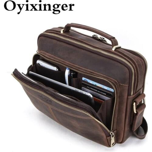 OYIXINGER Crazy Horse Leather Men Messenger Bag Vintage Men Crossbody Bag For 9.7" IPad Large Capacity Male Shoulder Bags Bolsos