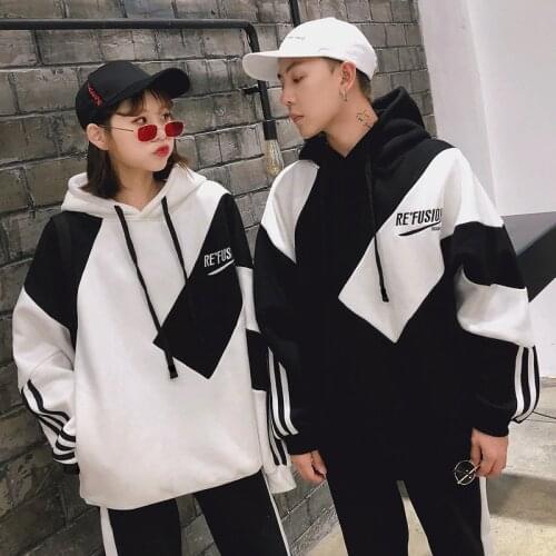 Korean Couple Matching Clothes College School Lovers Women Men Loose Oversize Hoodie Dress Patchwork Sweatshirt Outfit Wear Set