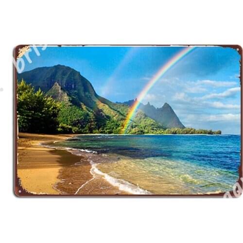 Rainbow At Tunnels Beach Hawaii Metal Signs Wall Decor pub Garage personalized Club Tin sign Posters