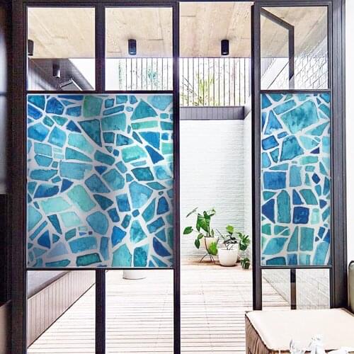 Glass Wall Stickers Blue mosaic Pattern No glue Film Custom Size Protection Privacy Living Room Balcony Decoration