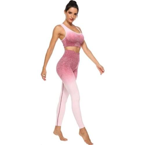 Ombre Women Yoga Set Seamless Leggings Long Sleeve Crop Top Sports Bra Running Pants Gym Clothing Fitness Workout Sports Suit