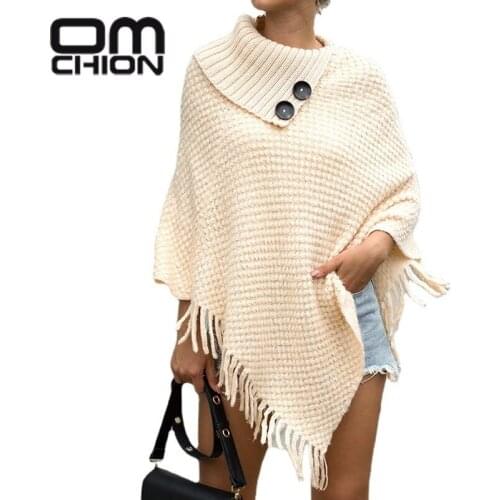 OMCHION Pull Femme 2021 New Tassel Cape Button Half Open Collar Solid Color Pullover Womens Casual Loose Vintage Poncho