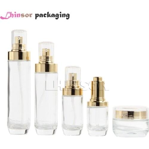 5pcs/lot High-grade Gold Plated Cover Transparent Glass Press Dropper Lotion Bottles Cream Jars Cosmetic Packaging Containers