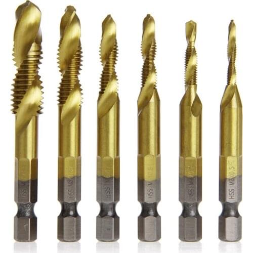 6 Pcs/Set HSS4241 Titanium Coated Drill Bits Hex Shank Spiral Tap M3-M10
