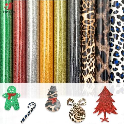 9 Sheets 30*25cm Christmas Sparkling Leopard Heat Transfer Vinyl Iron on Textile Film HTV Printing T-Shirt for Cricut Craft DIY