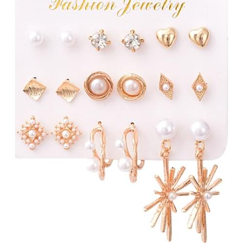 9 Pairs Pearl Crystal Earrings Stud Earrings Set for Women Jewel Premium