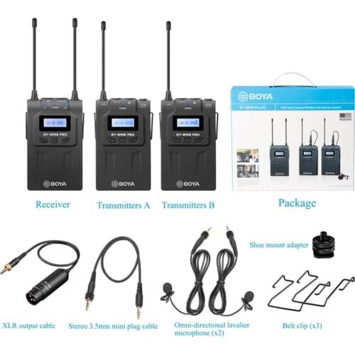 BOYA BY-WM8 Pro-K2 UHF Dual-Channel Lavalier Wireless Microphone System 2 Transmitters & 1 Receiver with LCD Screen for Canon Ni