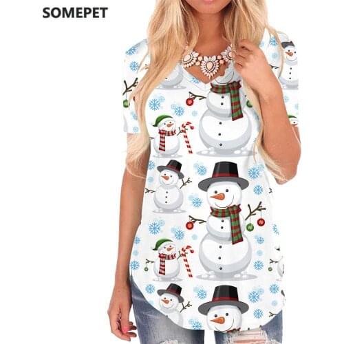 SOMEPET Christmas T Shirt Women Snowman V-neck Tshirt Painting Funny T shirts Cool T-shirts 3d Womens Clothing Fashion Printed